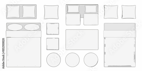 Overhead view of bedroom furniture arrangement with beds pillows and rugs