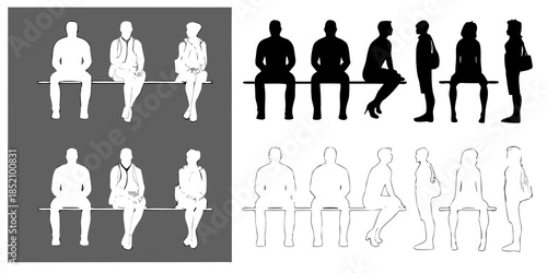 Silhouettes of people sitting on a bench presented in various color schemes