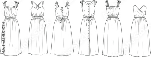 CAD drawing flat vector illustration of women’s summer dresses fashion template, front view, six styles, sleeveless, belted, smocked