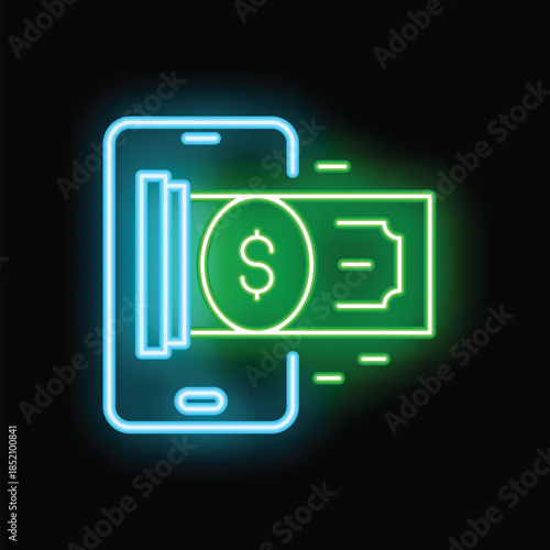 Neon sign illustrating mobile payment with a smartphone and banknotes, symbolizing easy online transactions