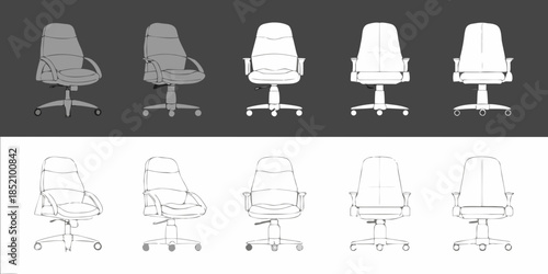 Line art illustrations of office chairs in varying perspectives and designs