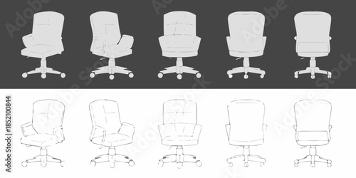 Line art illustrations of office chairs in various perspectives and arrangements