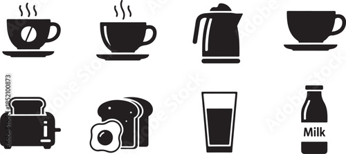 A collection of monochrome icons representing various breakfast items and hot beverages