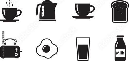 A set of monochrome icons representing various breakfast items and kitchen appliances for morning meal