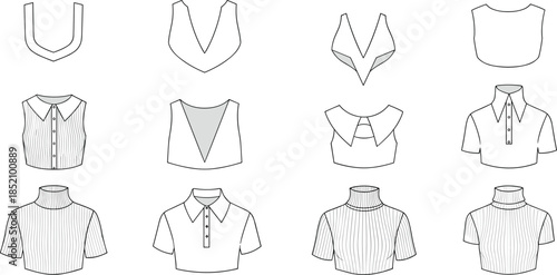 CAD drawing flat vector illustration of women’s tops fashion design template, collars, turtlenecks, ribbed, cropped, sleeveless modern styles