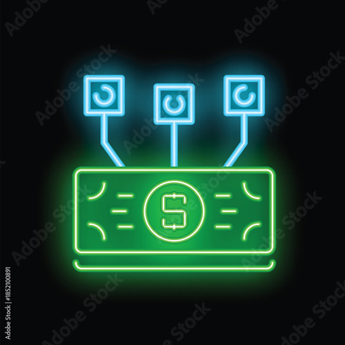 Neon green dollar bill with three cryptocurrency mining rigs above illustrating the concept of digital currency mining