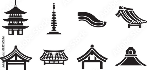 Iconic japanese and east asian architectural elements silhouette collection