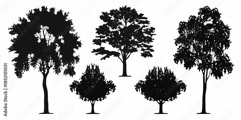 Fototapeta premium Silhouette collection of diverse tree shapes against a clean white background