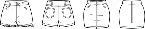 CAD drawing flat vector illustration of women's denim shorts and mini skirt, front and back technical fashion sketch design