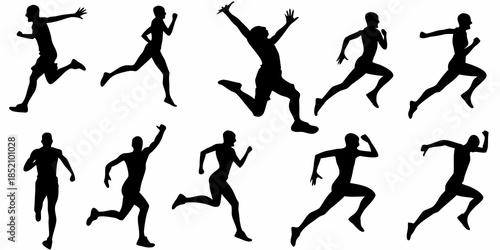 Silhouettes of people running and exercising in various dynamic poses