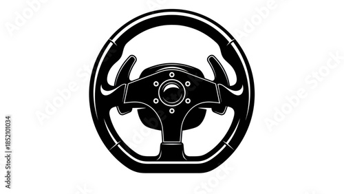 Black and white illustration of a racing car steering wheel.