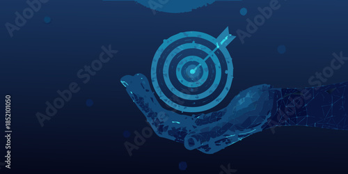 A hand holding a glowing target with a dart in the center