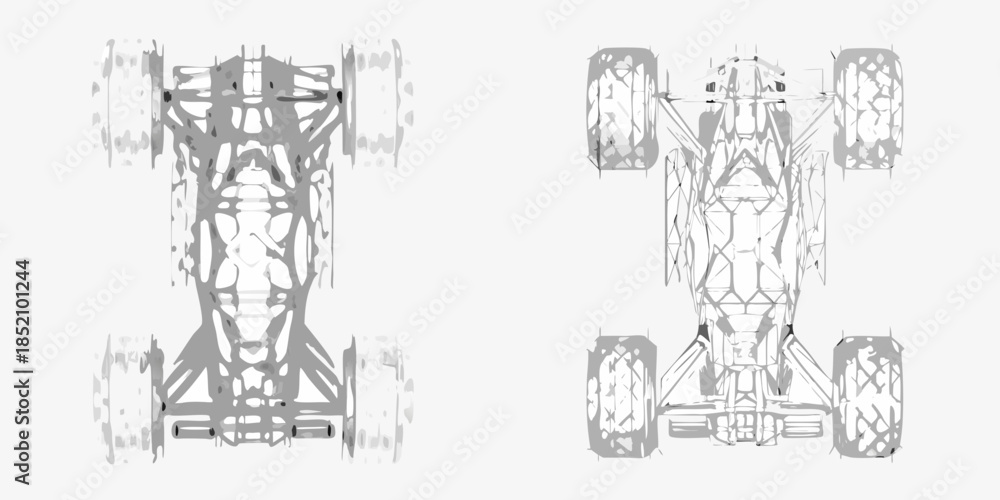 Fototapeta premium Detailed top down view of two formula one race cars line art style
