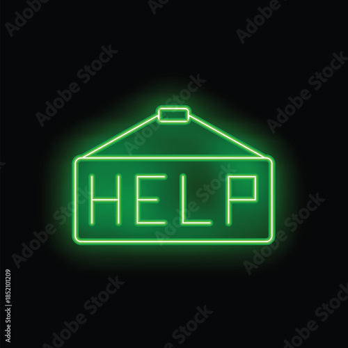Green neon sign showing the word help on a black background