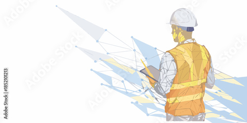 Construction worker examining blueprint with digital network overlay abstract design