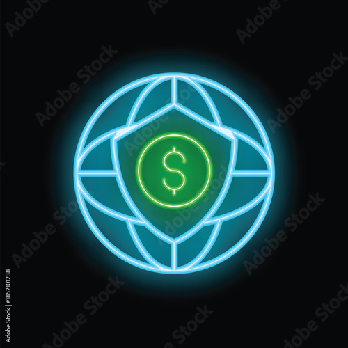 Glowing neon icon representing global financial security with a shield protecting a dollar sign inside a globe