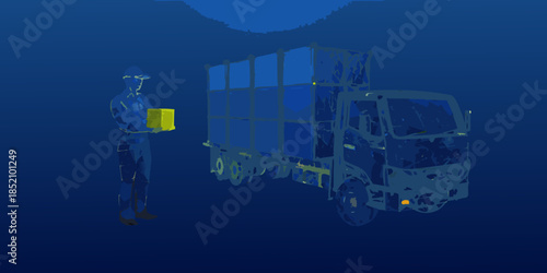 A diver and a small truck submerged in deep blue ocean water