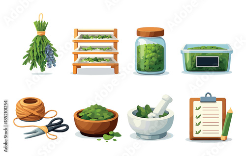 Herb drying and preservation: hanging, racks, jar, box, tools, checklist