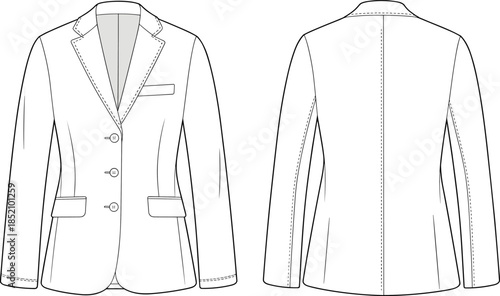 Cad drawing flat vector illustration, blazer jacket front and back view, fashion sketch, garment template