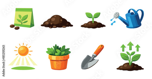 Gardening icons set: seeds, plants, watering can, sun, soil, tools