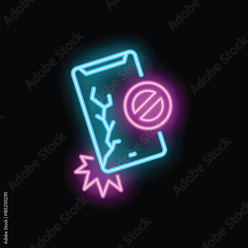 Neon sign showing broken mobile phone with crack on screen and prohibition sign