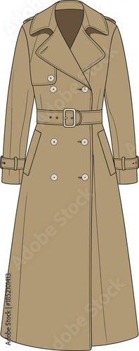 Cad drawing flat vector illustration, classic long trench coat, women’s belted overcoat, double-breasted outerwear, stylish fall fashion, timeless outer garment