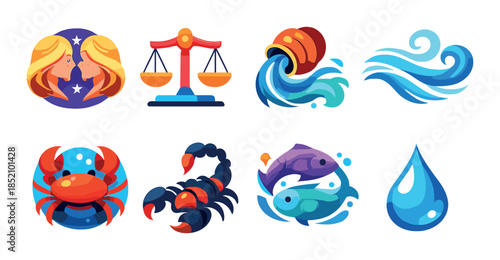 Colorful zodiac and element symbols illustration with vibrant fantasy designs