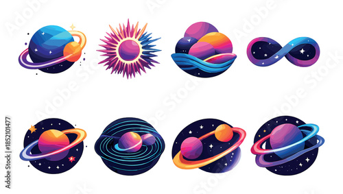 Vibrant neon space elements with planets and stars in night sky