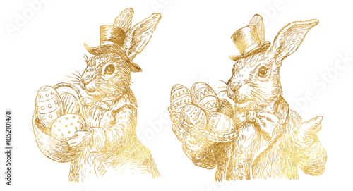 Golden Easter bunny holding decorated eggs Victorian illustration, styled as a 19th century antique engraving with detailed cross-hatching Vector