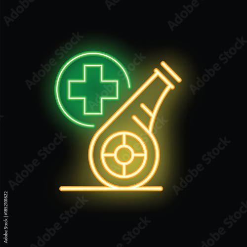 Neon sign depicting a green cross and a cannon, symbolizing medical aid in times of conflict
