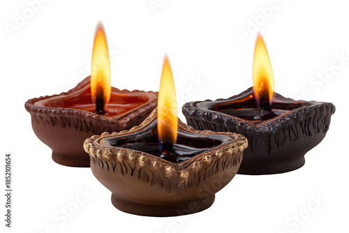 Traditional Indian Clay Oil Lamps, Close-up, isolated on transparent background