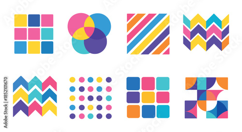 Colorful geometric pattern set with neon gradient squares and circles