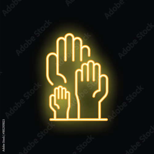 Neon sign of hands raised up symbolizing voting and participation