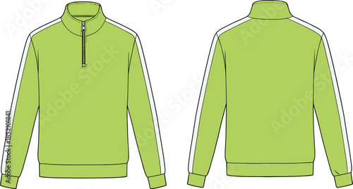 cad drawing flat vector illustration, half zip sweatshirt with contrast sleeve panel, fashion design template, front and back view