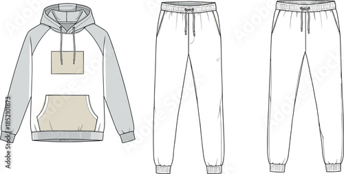 cad drawing flat vector illustration, hoodie and jogger technical sketch, unisex casual wear fashion design template, front back view