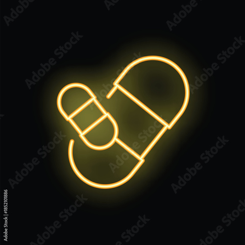 Yellow neon sign representing two pills glowing on a black background