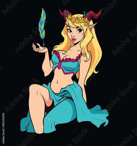 Fantasy faun or elf girl with horns and flower crown holding a magic feather