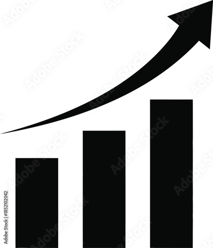A simple black bar chart with an upward trend arrow indicating growth and progress in business or finance