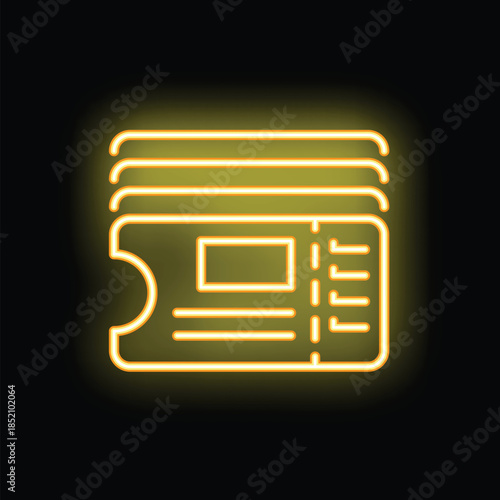 This glowing neon line icon illustrates a stack of tickets, perfect for representing event entry or ticketing systems