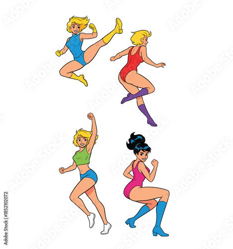 Group of retro superheroine characters in action poses wearing colorful leotards and boots.