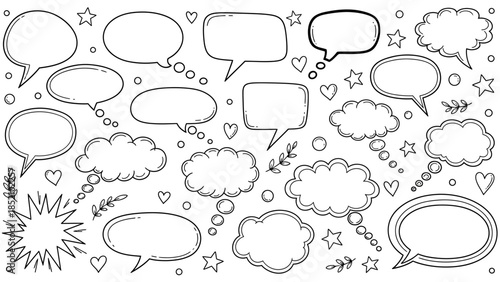 Doodle style collection of various speech bubbles hearts stars and cloud shapes for creative projects