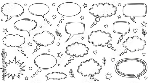 A collection of hand drawn speech bubbles thought clouds and decorative elements for creative communication purposes