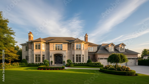 Luxury Stone and Brick Mansion with Green Lawn and Blue Sky