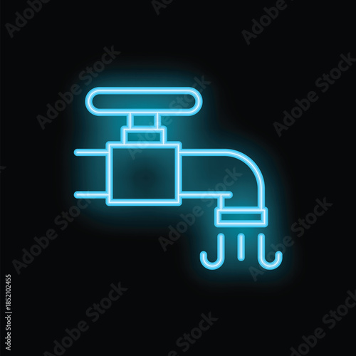 Blue neon icon of a water faucet pouring water on a black background