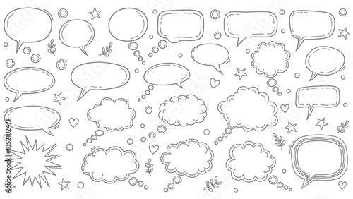 A collection of various hand drawn speech bubbles thought bubbles and decorative elements in black and white