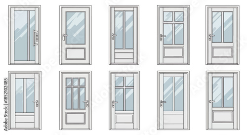 Collection of modern exterior doors with glass panels and various frame designs, architectural elements for home design