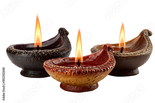 Traditional Indian Clay Oil Lamps, Close-up, isolated on transparent background