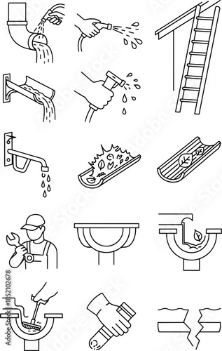 Collection of line art icons illustrating gutter cleaning, maintenance, and repair tasks for home exterior care