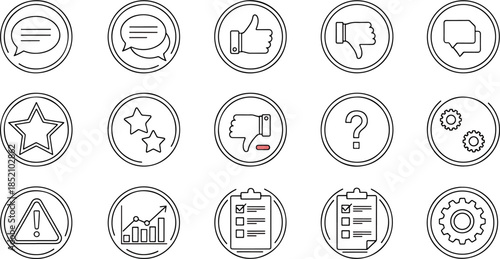 Collection of Icons Featuring Feedback Thumbs Up Down Chat Bubbles Star Exclamation Mark Question Mark and Gears