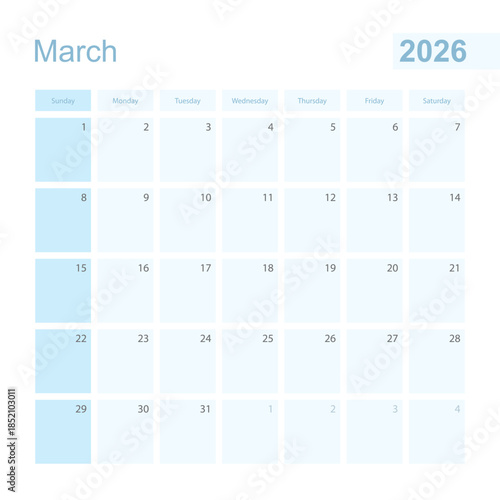 2026 March wall planner in blue color, week starts on Sunday.